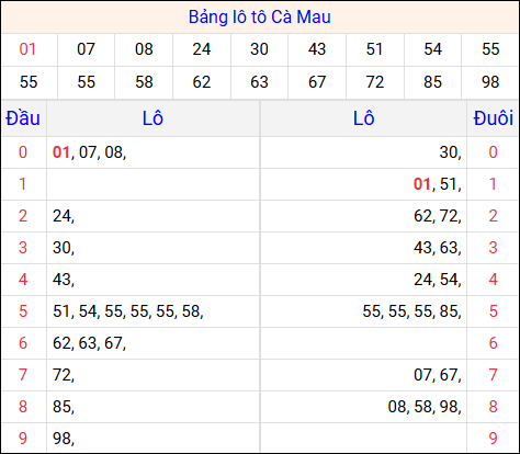 Tổng hợp loto xổ số Cà Mau về kỳ trước